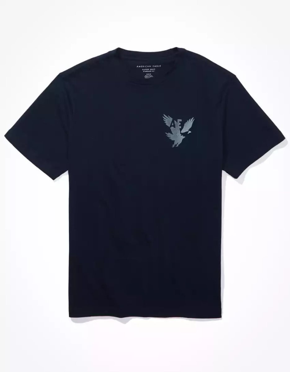 T Shirt Graphique American Eagle AE Super Soft Logo Bleu Marine Homme | HWH-85704546